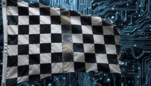 Fototapeta Checkered racing flag billowing over a complex circuit board background.