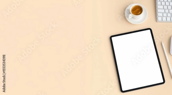 Obraz Tablet, keyboard, coffee cup on desk with copy space, top view