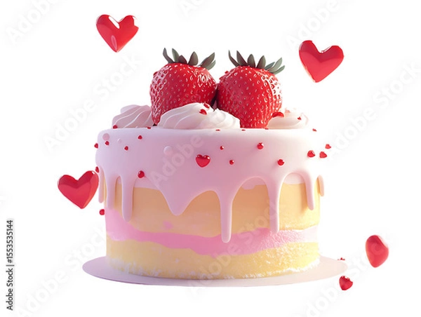 Fototapeta 3D Of Delicious Strawberry Cake with Hearts on Transparent Background