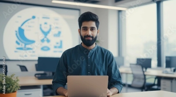 Obraz Smiling man with laptop in modern office setting, looking at camera