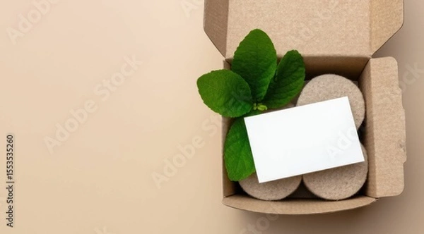 Obraz Seeds, card and green leaves inside a box on neutral background