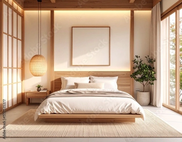 Fototapeta japandi style bedroom with geometric canvas art and soft wood elements in a calm minimalist design