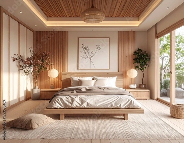 Fototapeta japandi style bedroom with geometric canvas art and soft wood elements in a calm minimalist design