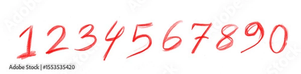 Fototapeta Hand-Drawn Red Numbers 1,2,3,4,5,6,7,8,9,0 PNG - Sketch Digits, Artistic Count, or Math & Education Elements, pencil marker doodle