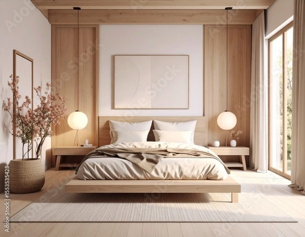 Fototapeta japandi style bedroom with geometric canvas art and soft wood elements in a calm minimalist design