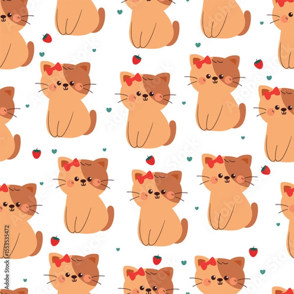 Fototapeta cute hand drawing cartoon cat wearing red bow pin and strawberry seamless pattern. cute animal pattern in white background for gift wrap paper and wallpaper