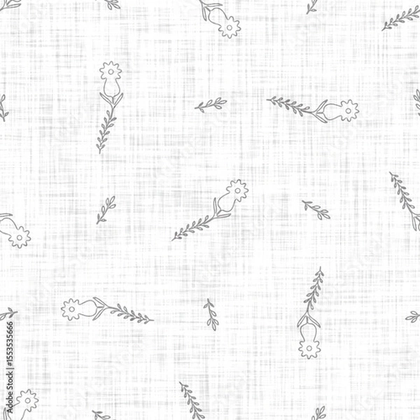 Fototapeta White neutral minimal floral bloom motif with linen effect texture for baby nursery seamless background. Modern muted simple soft pattern for wallpaper, home decor, white grey design. 