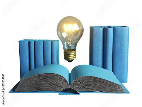 Fototapeta 3D Of Open Book with Glowing Lightbulb and Books on Transparent Background