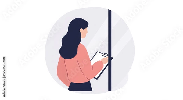 Fototapeta Businesswoman by window writing notes on clipboard in modern style  