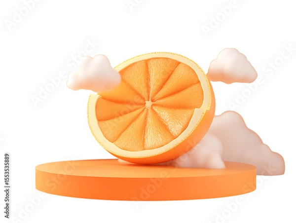 Fototapeta 3D Of Orange Slice on Platform with Clouds on Transparent Background