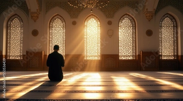 Obraz Man prays in mosque interior with sunlight streaming through windows.