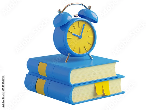 Fototapeta 3D Of Blue Alarm Clock on Stack of Books on Transparent Background