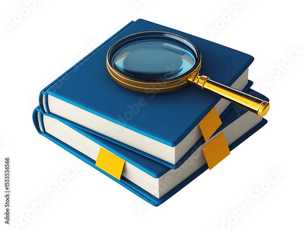 Fototapeta 3D Of Magnifying Glass on Stack of Blue Books on Transparent Background