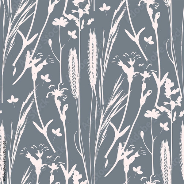 Fototapeta Cute floral seamless pattern with silhouettes of meadow wild herbs flowers. Flower vector illustration background. Print in rustic vintage style, textile or wallpapers.