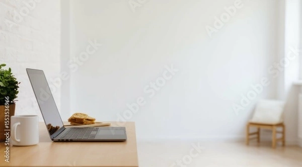 Obraz Laptop on a desk in bright room with snack and coffee cup