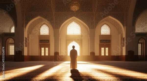 Obraz Figure standing in sunlight in an ornate interior space