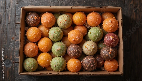 Fototapeta Assortment of colorful, round, textured sweets in a cardboard box on a wooden surface.