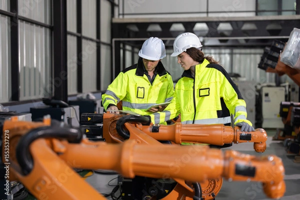 Fototapeta Two engineers work  in a  robotic arm manufacturing facility