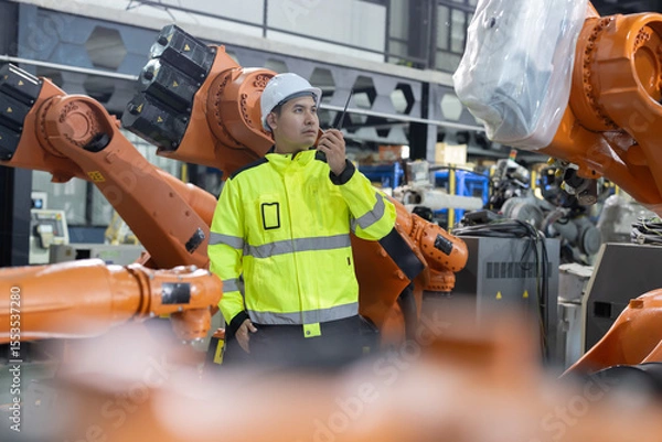 Fototapeta Asian worker uses a walkie talkie near robotic arms in a modern factory