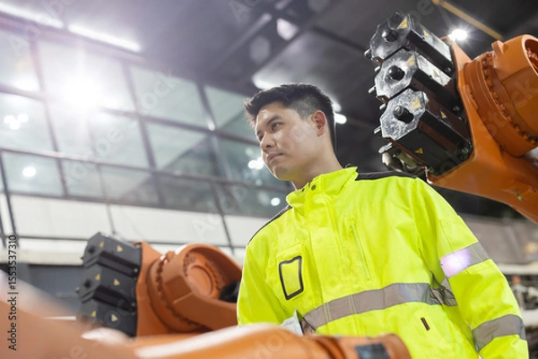 Fototapeta Engineer inspects robotic arms in a modern industrial facility during the day in a well-lit workspace