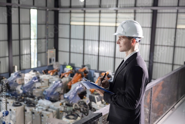 Fototapeta Confident manager overseeing robotic operations in a modern industrial facility