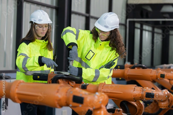 Fototapeta Two engineers work  in a  robotic arm manufacturing facility