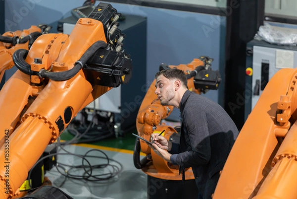 Fototapeta Caucasian professional inspector in a suit inspecting robotic arms in a manufacturing facility during the day