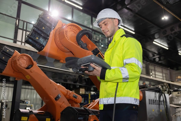 Fototapeta Caucasian worker operates industrial robot arm in a modern factory while looking and smiling to camera