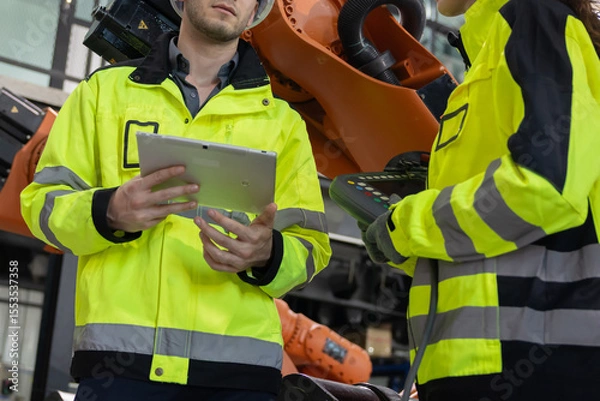Fototapeta Two engineers work  in a  robotic arm manufacturing facility