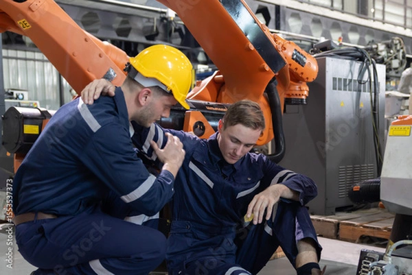 Fototapeta Injured worker getting help from his college after fainted on the floor in a factory