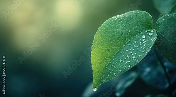 Obraz Close-up of green leaf with water droplets on a blurred background