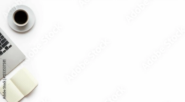 Obraz Flat lay with laptop, coffee, and notepad on a white background