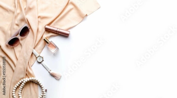 Obraz Elegant accessories on white background with soft beige draping fabric