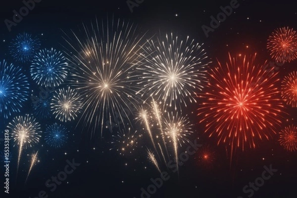 Fototapeta Bastille Day fireworks background in French flag colors blue, white, and red - poster for news about fête nationale