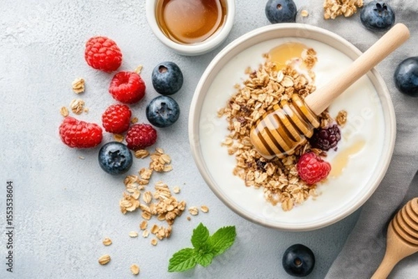 Fototapeta Greek yogurt with granola, honey, raspberries and blueberries enjoying a healthy breakfast