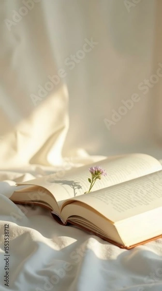 Fototapeta Book and single flower — vertical background for blogs, branding or creative calm visuals