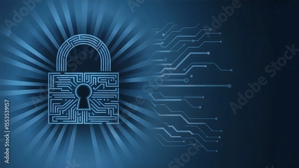 Fototapeta Encrypted Circuit Padlock over Radiant Blue Gradient Background