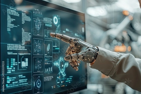 Fototapeta Robot hand pointing at futuristic screen showing data analysis and charts
