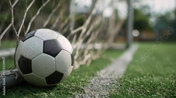 Fototapeta Close-up of a soccer ball sitting near a goal on a synthetic turf pitch, with visible field markings and net detail