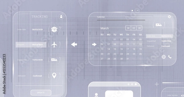Obraz Displaying UI panels showing shipping stages and March calendar in UI workspace, with icons