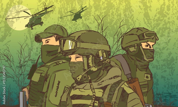 Fototapeta Three modern soldiers in full military uniform against the background of a forest and flying helicopters. Sketch. Vector illustration