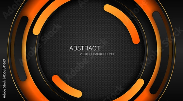 Fototapeta Abstract black and orange curves with golden lines on dark steel mesh background. with free space for design. modern technology innovation concept background	