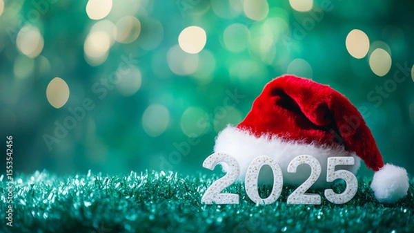 Fototapeta Santa cap on fluffy 3D numbers 2025 on green background, offering clean layout for cheerful Christmas messaging