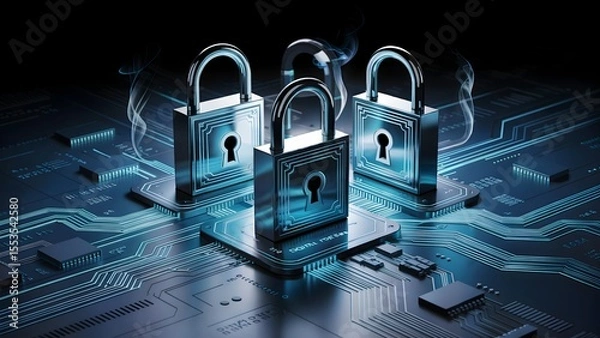 Fototapeta Macro View of Metallic Padlocks on Blue Circuit Board – Cybersecurity Concept