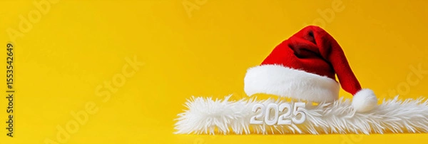 Fototapeta Santa hat placed on 2025 white fluffy 3D numbers over yellow backdrop with ample copy space for holiday greetings