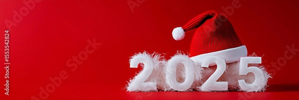 Fototapeta Simple red background with 3D white 2025 numbers and festive Santa hat, perfect for subtle Christmas and New Year graphics