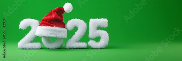 Fototapeta White 3D 2025 with festive Santa hat on green backdrop, Christmas-style layout with clear area for overlay or messaging