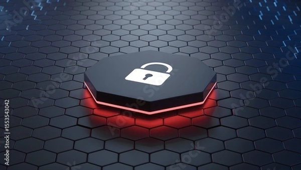 Fototapeta 3D Padlock Symbol on Floating Hex Button with Futuristic Blue Grid