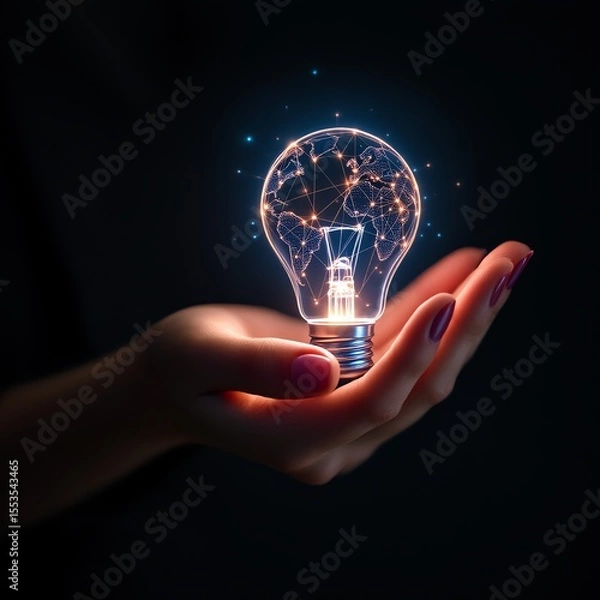 Fototapeta Hand holding world map light bulb idea