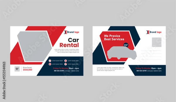 Obraz Rent A Car Postcard Template. Car repair Service Postcard template design layout